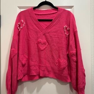SHEIN Pink V-Neck Sweater with Heart Details